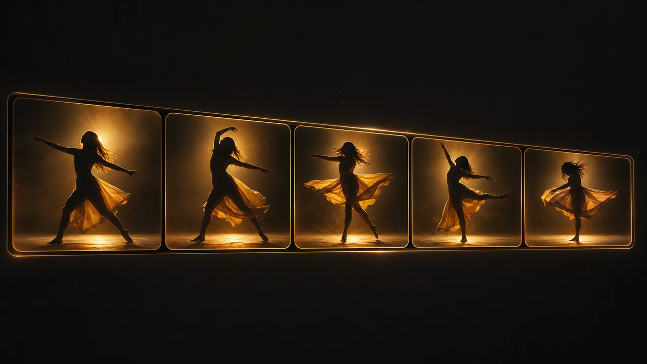 Film strip of five frames showing the same dancer through one continuous 30-second take