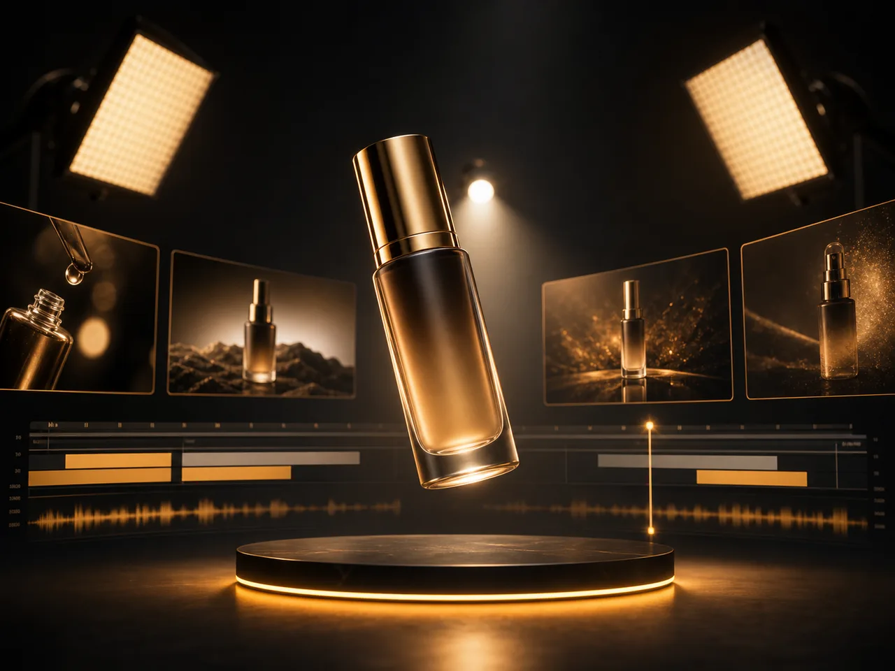 AI-generated 4K commercial shot of a premium product in a dark studio