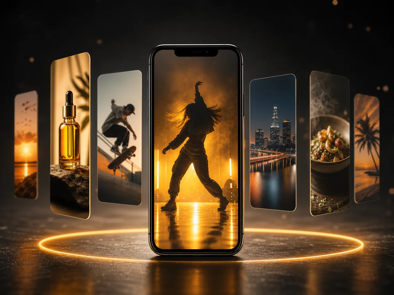 Smartphone surrounded by AI-generated vertical short-form videos