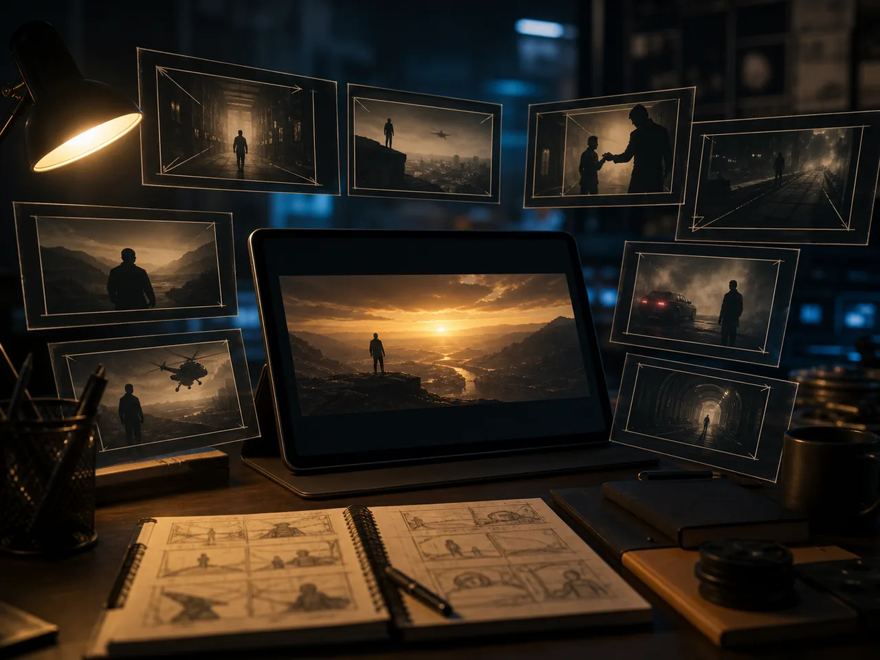 Director desk with AI-generated storyboard frames for film pre-visualization