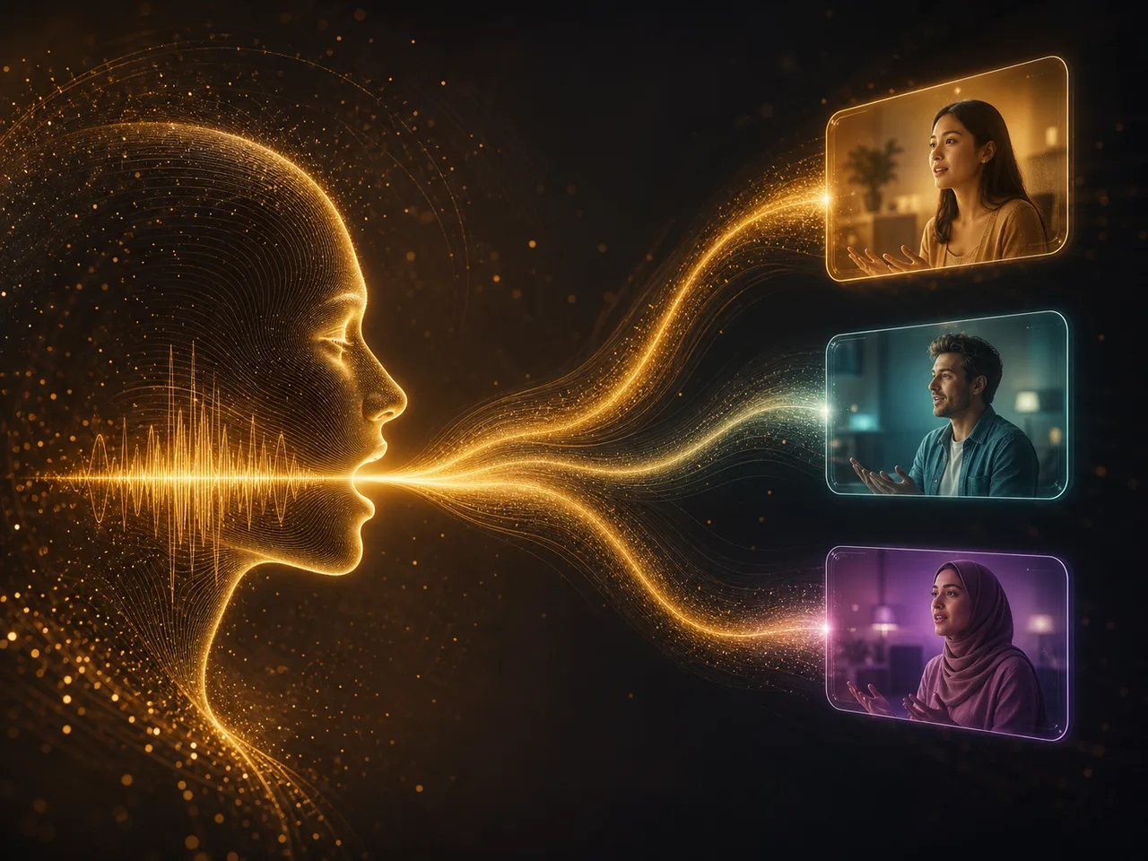 Golden voice waves flowing into lip-synced videos in multiple languages